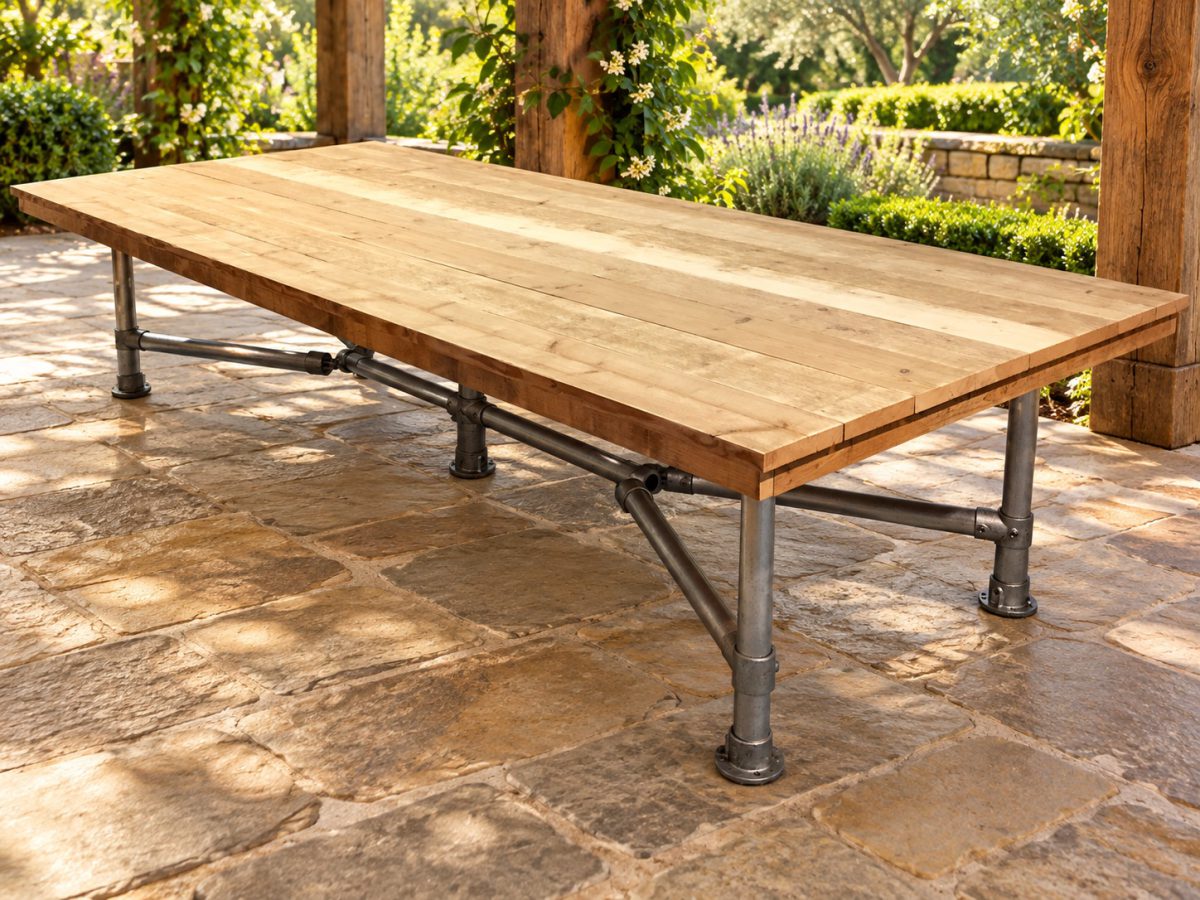 Steigerhouten eettafel met steigerbuizen onder een overkapping