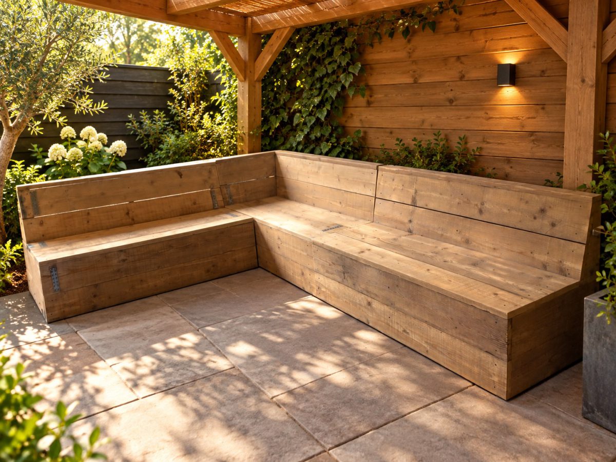 Steigerhouten hoekbank uit losse elementen onder een pergola