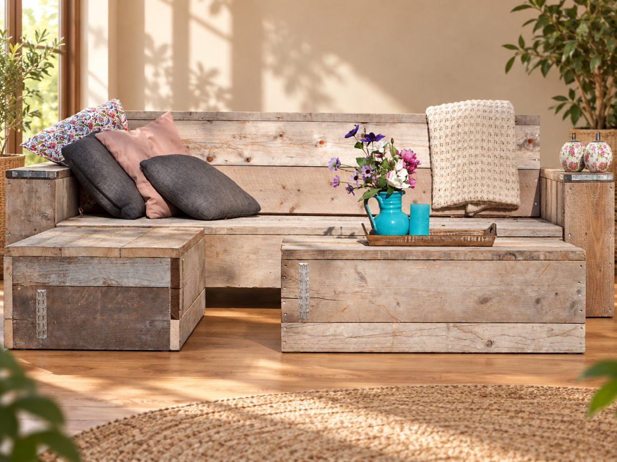 Steigerhouten loungebank met kussens en bijpassende tafel