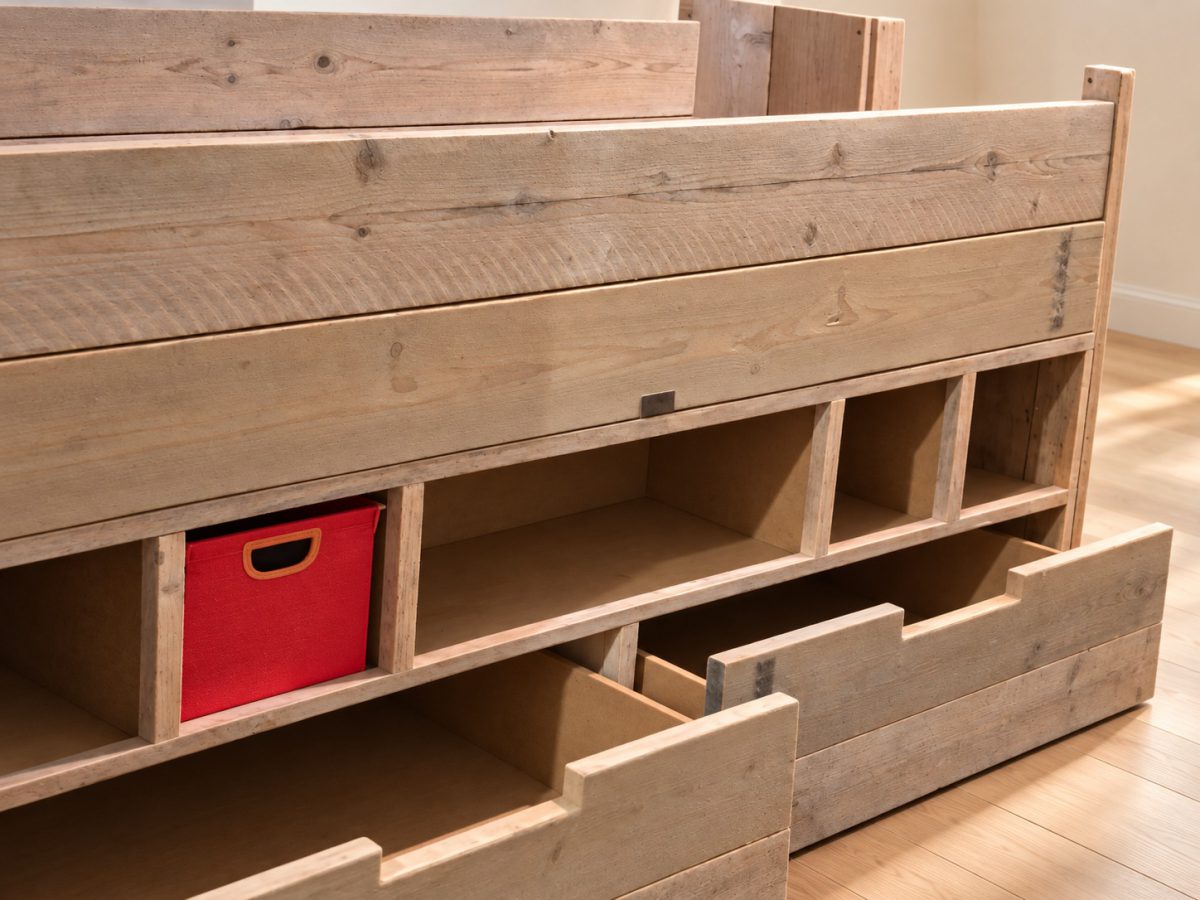 Detail van steigerhouten halfhoogslaper met opbergvakken en lades