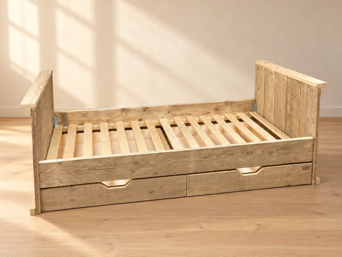 Steigerhouten eenpersoonsbed met twee opberglades