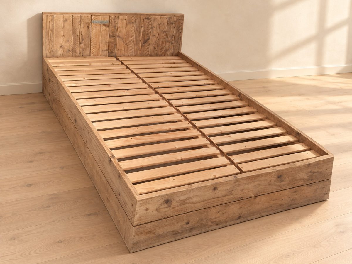 Steigerhouten tweepersoonsbed met hoofdbord en lattenbodem