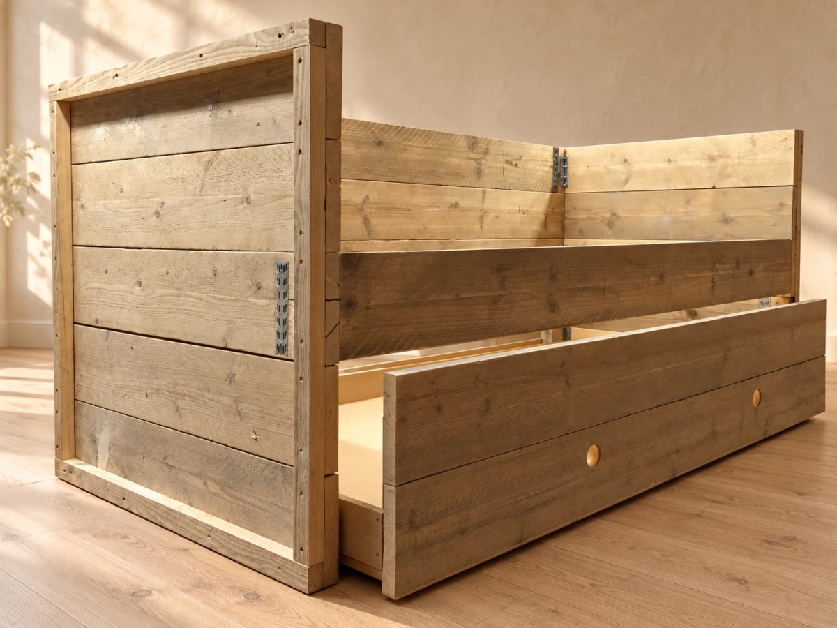 Steigerhouten kajuitbed met uitgeschoven logeerlade
