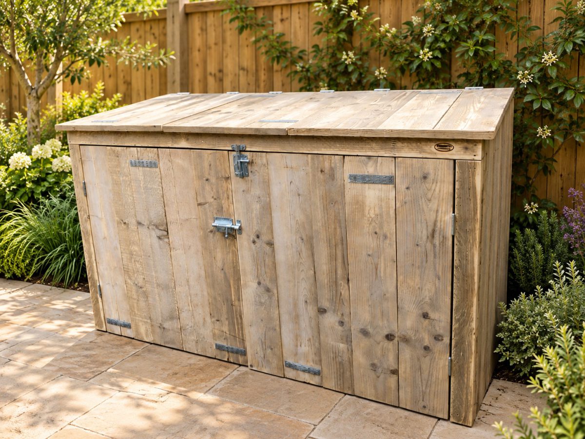 Containerombouw van steigerhout met gesloten deuren en kleppen