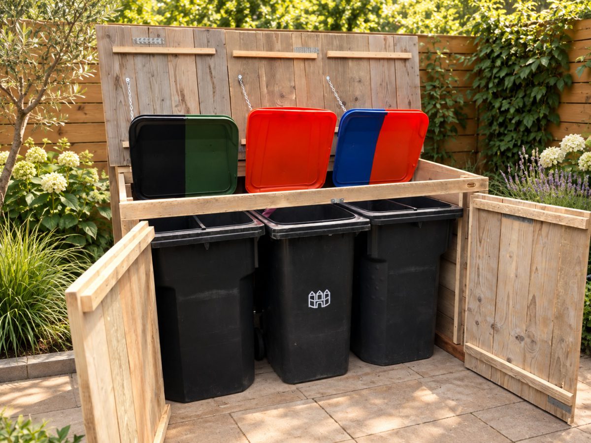 Containerombouw met open deuren en drie afvalcontainers