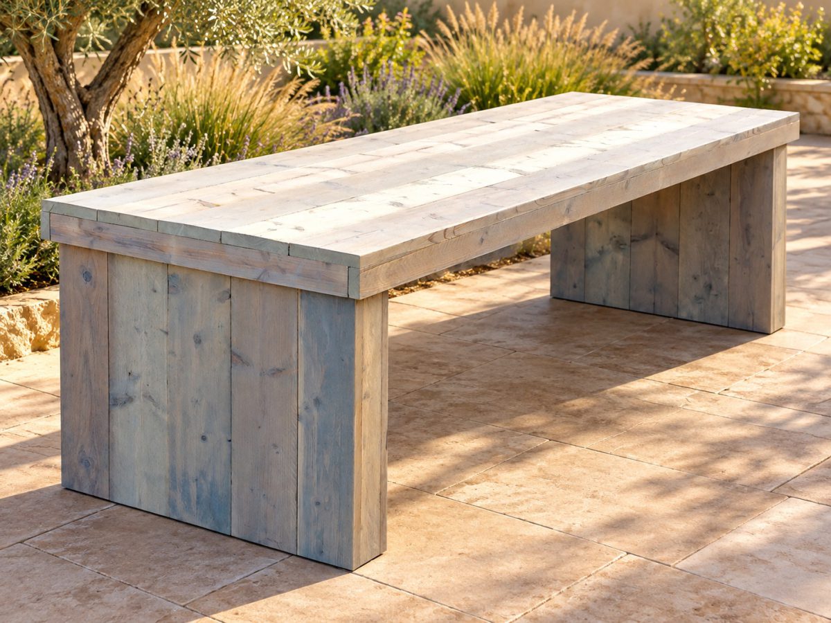 Steigerhouten eettafel met gesloten houten zijkanten op een terras