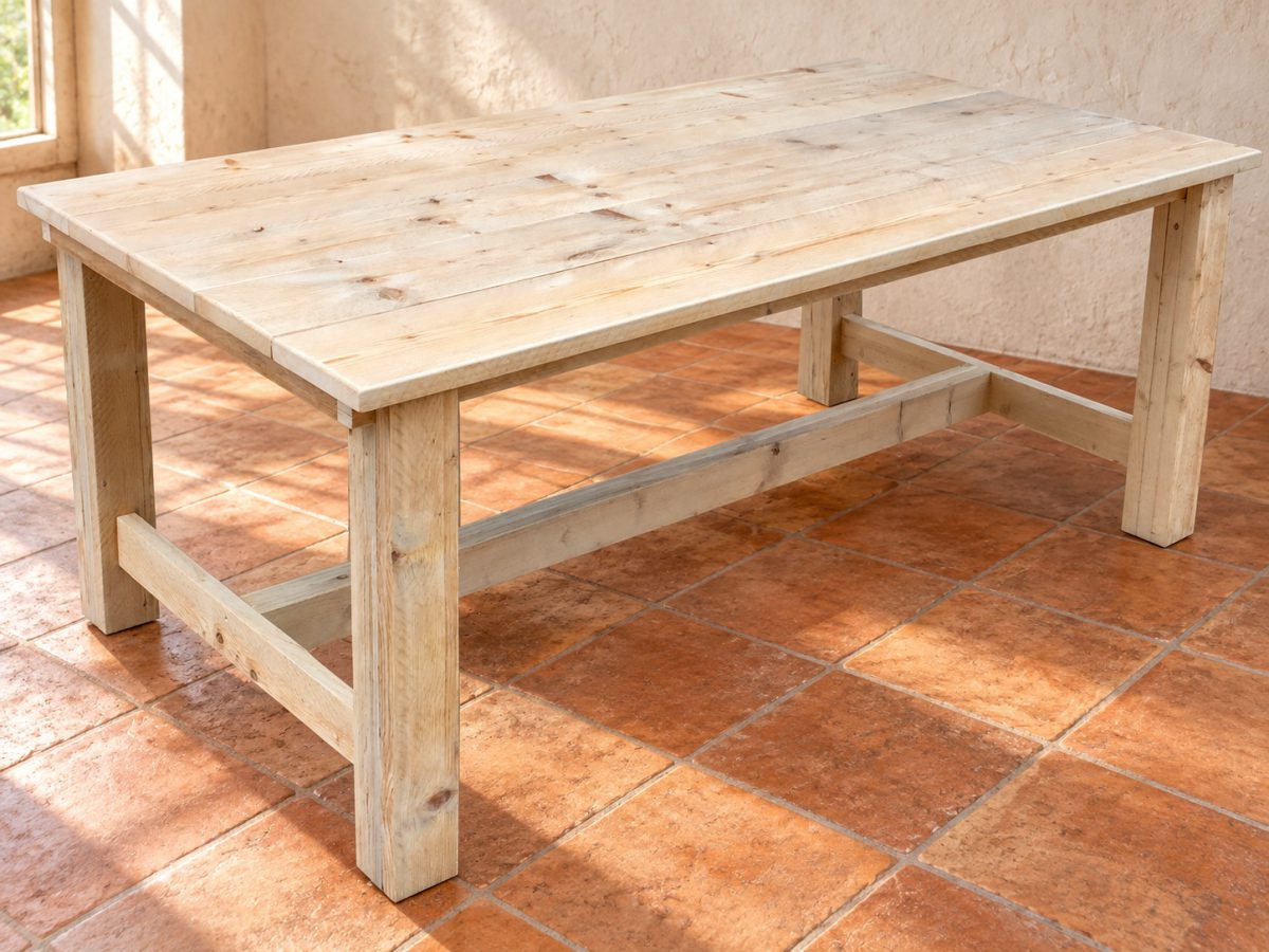 Steigerhouten kloostertafel in een warme eetkamer