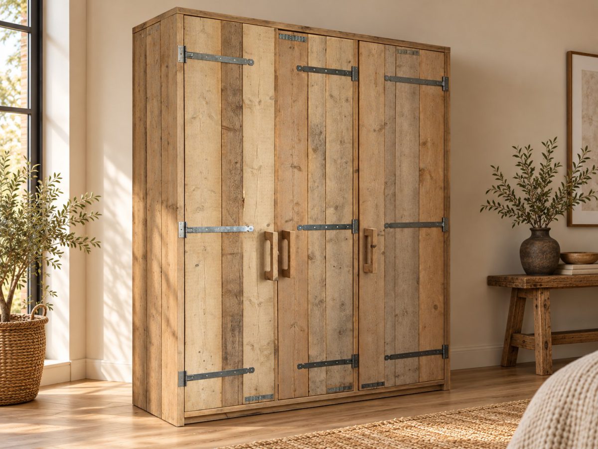 Steigerhouten driedeurskast met houten handgrepen