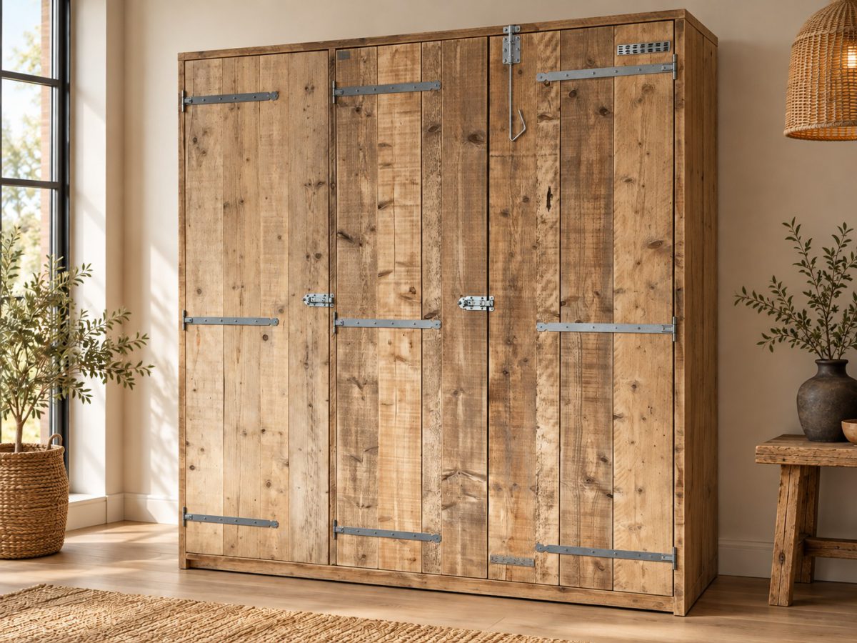 Steigerhouten driedeurskast met metalen scharnieren in een warm interieur