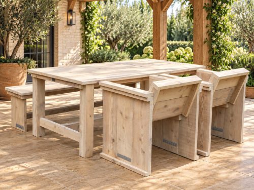 Steigerhouten eettafel met bijpassende stoelen en bank onder een overkapping