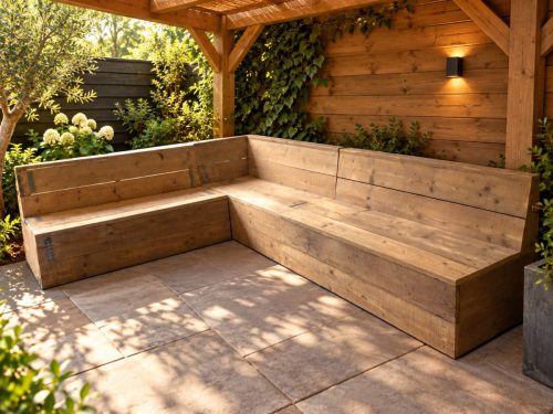 Steigerhouten hoekbank uit losse elementen onder een pergola