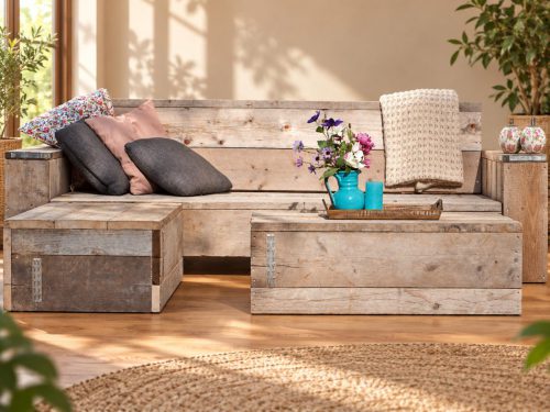 Steigerhouten loungebank met kussens en bijpassende tafel