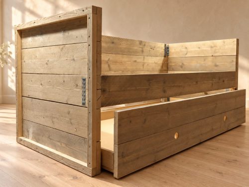 Steigerhouten kajuitbed met uitgeschoven logeerlade
