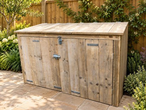 Containerombouw van steigerhout met gesloten deuren en kleppen