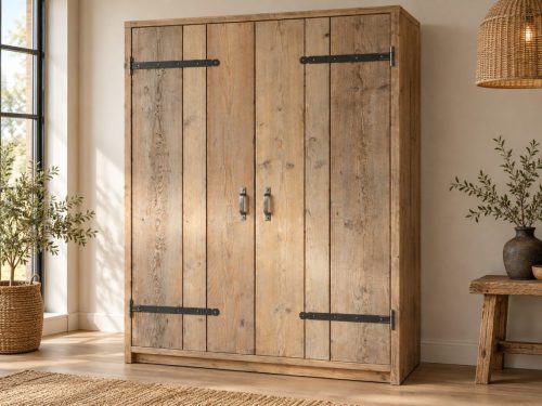 Steigerhouten tweedeurskast met metalen handgrepen